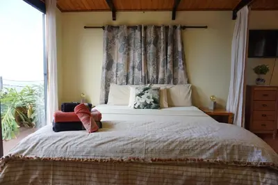 a bedroom with a large bed with a window at Ocean View Cottage in Ponta do Pargo