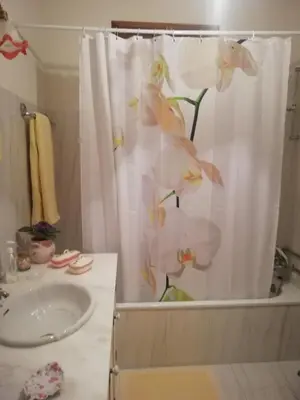 a bathroom with a shower curtain with a sink at Quintinha das Lombas in Porto Santo