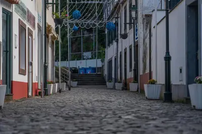 an empty street in a building with potted plants at VillaHouse in São Vicente