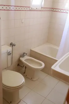 a bathroom with a toilet and a tub and a sink at Casa do Quintalão in Raposeira