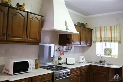 a kitchen with wooden cabinets and a stove and a microwave at Casa do Quintalão in Raposeira