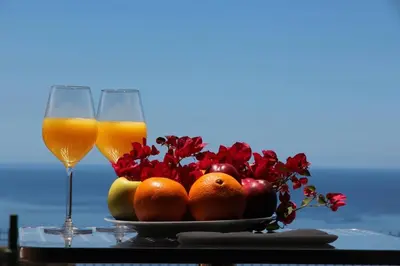 a plate of fruit and two glasses of orange juice at Apartamento MAR AZUL in Calheta