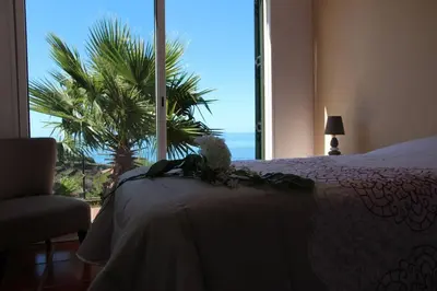 a bedroom with a bed with a view of the ocean at Apartamento MAR AZUL in Calheta