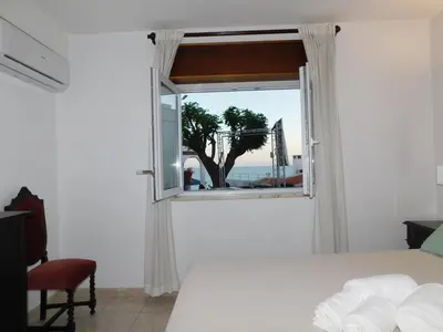 a dog laying on a pillow next to a window at Luz Beach Center in Luz