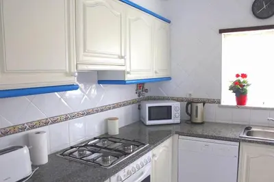 a kitchen with white cabinets and a stove and a microwave at Amarguinha in Burgau