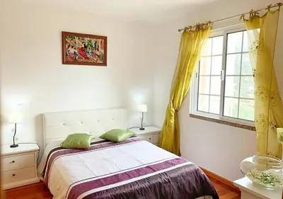 a bedroom with a bed with two pillows and a window at Madeira Island Villa Oceane Ribeira Brava in Ribeira Brava