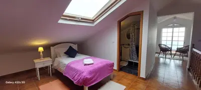 a bedroom with a bed with a purple blanket at Madeira Island Villa Oceane Ribeira Brava in Ribeira Brava