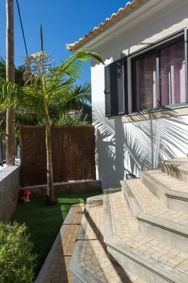 a house with stairs and a palm tree in the yard at “VENIK HOUSE” sea_mountains_relaxing_barbecue in Funchal
