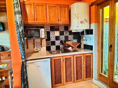a kitchen with wooden cabinets and a white refrigerator at chabouco 2 (Mien) in Aljezur