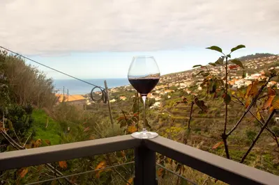 a glass of red wine sitting on a railing at Amoreira House in Calheta
