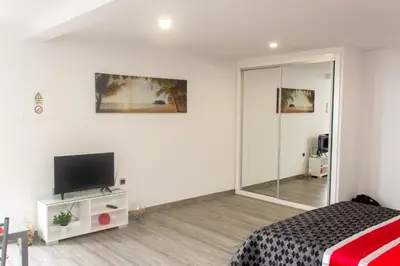 a bedroom with a bed and a tv and a mirror at Amoreira House in Calheta