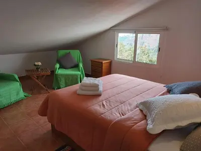 a bedroom with a bed and two green chairs at Tabua Village Madeira Suite 6 Adventure with Ocean View in Ribeira Brava