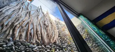 a reflection of a building in a glass window at Casas Floeca in Ponta do Sol