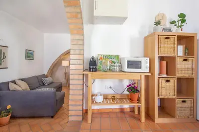 a living room with a couch and a table with a microwave at Casa Oceano-Ave do Mar in Raposeira