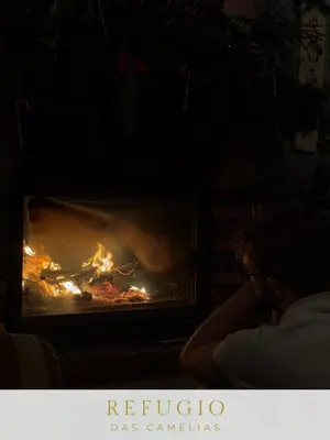 a person sitting in front of a fireplace at Refúgio das Camélias in Santana
