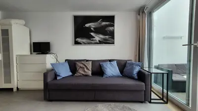 a living room with a couch with blue pillows at Beautiful Studio With Patio Carrapateira in Carrapateira