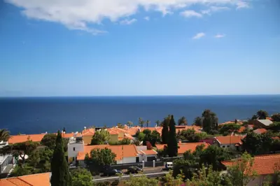 a view of a town with orange roofs and the ocean at Villa Erika Madeira -Penthaus- in Caniço