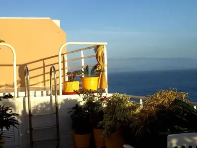 a balcony with potted plants and a view of the ocean at Villa Erika Madeira -Penthaus- in Caniço