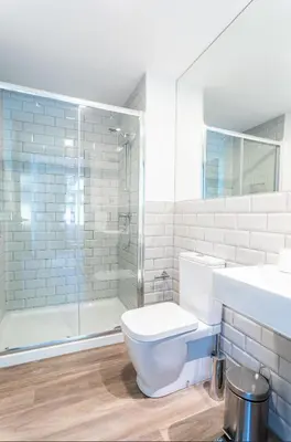 a bathroom with a toilet and a shower and a sink at Zarco Apartments by Mercado Funchal in Funchal