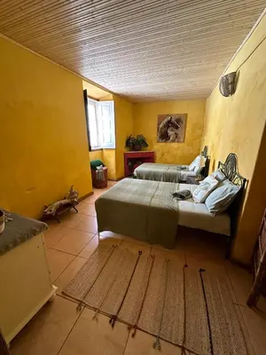 a bedroom with two beds in a room with yellow walls at Casa Mestre Guesthouse in Vila do Bispo