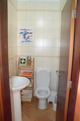 a small bathroom with a toilet and a sink at Casa Flora T1 - Vila do Bispo in Vila do Bispo