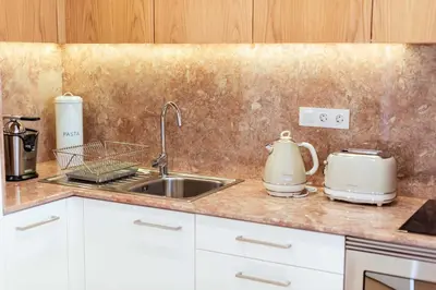 a kitchen counter with a sink and appliances on it at Apartamentos Ferreiros by Heart of Funchal in Funchal
