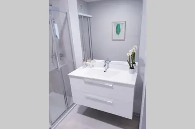 a bathroom with a white sink and a shower at Sarah House in Funchal