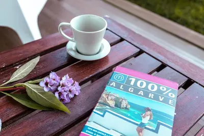 a book on a picnic table with a cup and flowers at Villa Blue Sagres G in Sagres