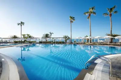 a large swimming pool with palm trees in the background at Hotel Riu Madeira - All Inclusive in Caniço