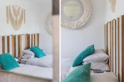 two pictures of a bedroom with a bed and a mirror at Vida Boa Lodge in Lagos