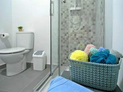 a bathroom with a toilet and a shower with a basket at Town Apartment in Funchal