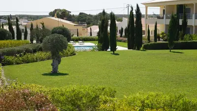 a garden with a tree in the middle of a yard at Apartamento 7 Mares com Suite in Sagres