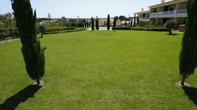 a large lawn with trees and a building in the background at Apartamento 7 Mares com Suite in Sagres
