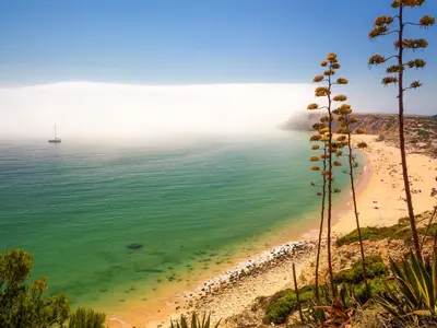 a view of a beach with a boat in the water at Apartamento 7 Mares com Suite in Sagres
