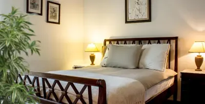 a bedroom with a bed with two lamps and two plants at Vila Joaninha in Santo da Serra