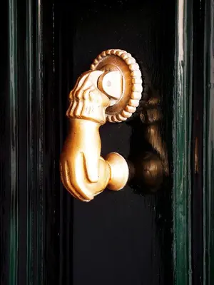 a gold door knob with a dog on it at Vila Joaninha in Santo da Serra