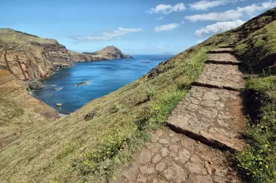 a stone path on a hill next to the ocean at CASA DOS AVÓS Apartments with Pool in Funchal in Funchal