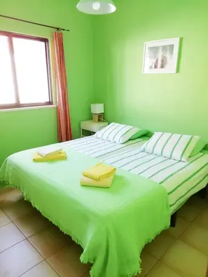 a bedroom with two beds with green walls at Casa do Lado in Carrapateira