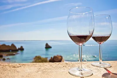 two glasses of wine sitting on a ledge overlooking the ocean at Baia da Luz - Great Light apartment in Luz