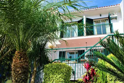 a house with palm trees in front of it at OurMadeira - Moradia da Falésia in Câmara de Lobos