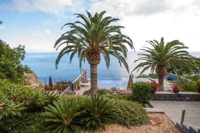 a view of a garden with palm trees and the ocean at Casa Martinhos by LovelyStay in Caniço