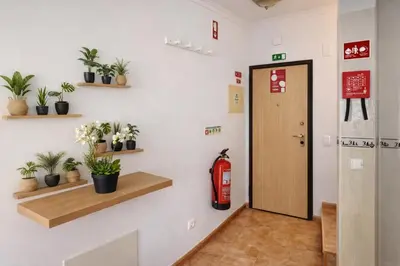 a room with plants and a fire extinguisher on a wall at Casadaluz 18 in Luz