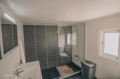 a bathroom with a shower and a toilet in it at Green Valley House Madeira in Ribeira Brava