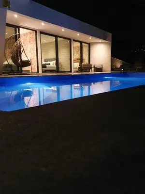 a swimming pool in front of a house at night at Villa Brava Atlântico in Ribeira Brava
