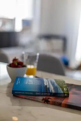 a stack of books on a table with a glass of orange juice at Lemon Tree Apartment in Luz
