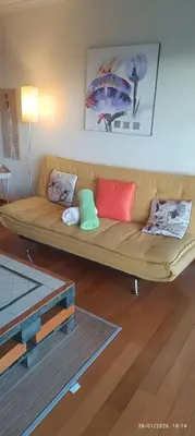a couch with pillows on it in a living room at Apartamento Jade in Caniço