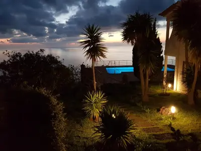 a house with palm trees and a view of the ocean at Secluded Sunset Villa on Cliff & 180 Degree Ocean Views in Fajã da Ovelha