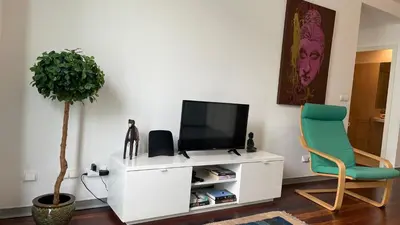 a living room with a tv and a green chair at Funchal Centrum Apartment in Funchal
