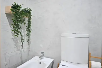 a bathroom with a toilet and a plant on the wall at Casa da Julia e Alice, a Home in Madeira in Funchal
