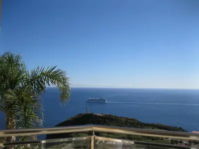 a cruise ship in the ocean with a palm tree at Villa Isabela - Car Rental for Free in Caniço